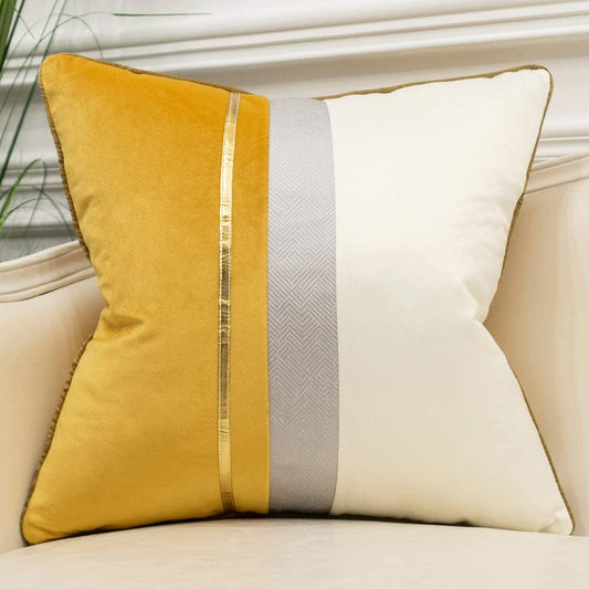 22 X 22 Inches Yellow White Gold Leather Striped Patchwork Velvet Cushion Case Luxury Modern Throw Pillow Cover Decorative Pillow for Couch Living Room Bedroom Car