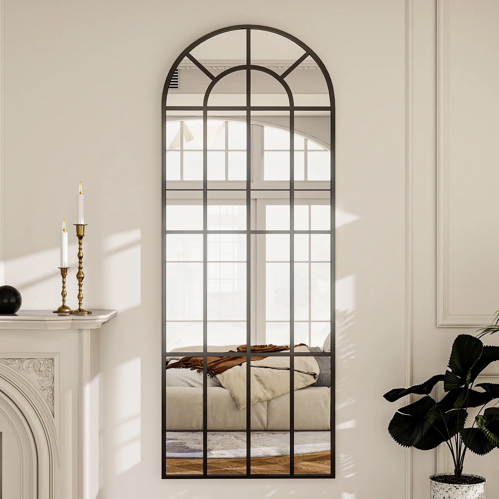 69"X 25" Arched Full-Length Windowpane Mirror Wall-Decor Mirror,Black