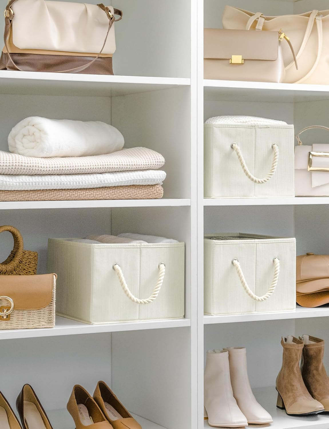 Storage Baskets for Shelves, Foldable Fabric Closet Storage Bins with Handles, Fabric Storage Bins Clothes Organizer, Beige, White & Ivory, 3-Pack, Large