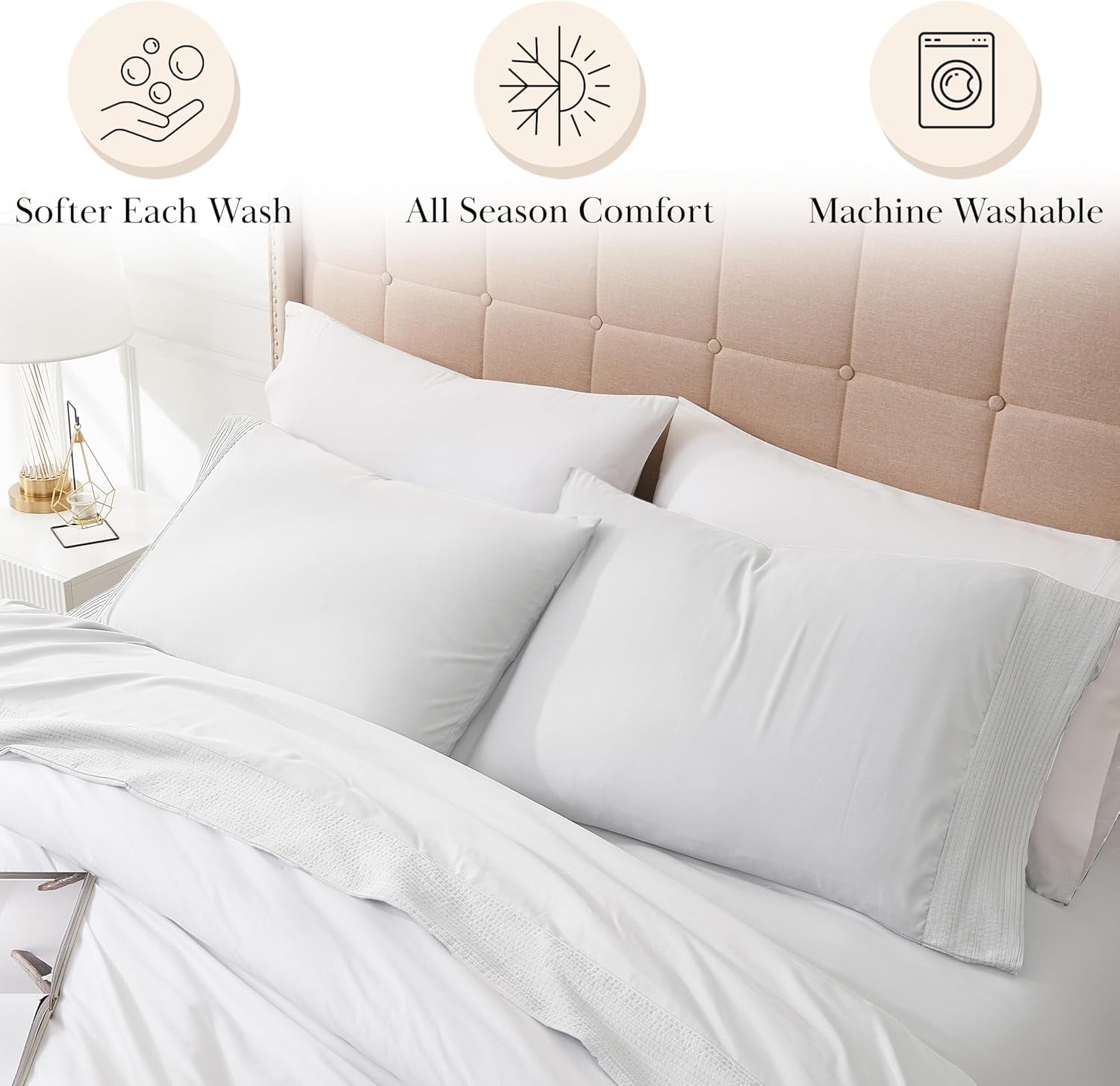 Southshore Fine Living Vilano Pleats, 4-Piece, 21-Inch Extra Deep Pocket Sheet, Queen Sheets with Flat Sheets and Pillowcase, Easy Care and Shrinkage-Free Deep Pocket Sheets, Sheet Set, Bright White