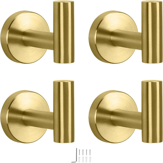 Bath Towel Hooks- SUS 304 Stainless Steel Robe Hook Holder, Heavy Duty Coat Hook for Bathroom Livingroom Hotel Kitchen Garage, Wall Mounted (Brushed Gold, 4 Pack)