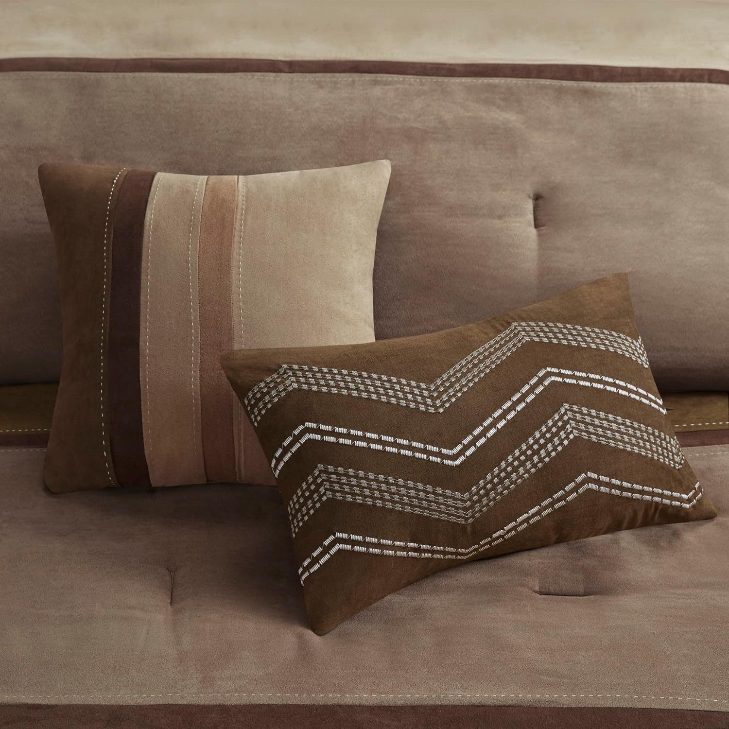 Palisades Comforter Set Modern Faux Suede Pieced Stripe Design, All Season down Alternative Cozy Bedding with Matching Shams, Decorative Pillows, King(104"X92"), Brown 7 Piece
