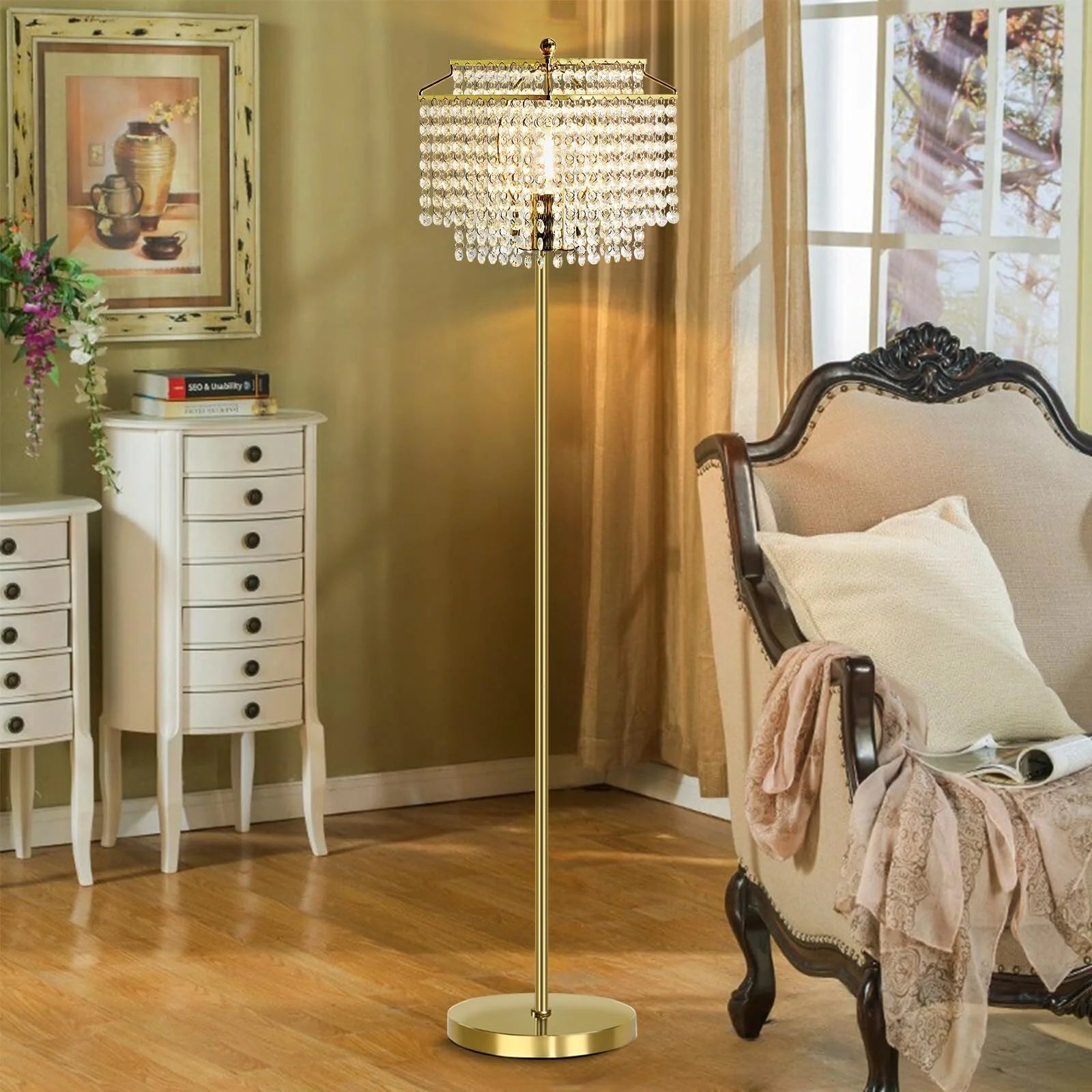 Gold Crystal Floor Lamp , Modern Standing Lamps with Double-Layer Lampshade, On-Off Foot Switch, for Living Room, Bedroom, Office, 8W Bulb Included