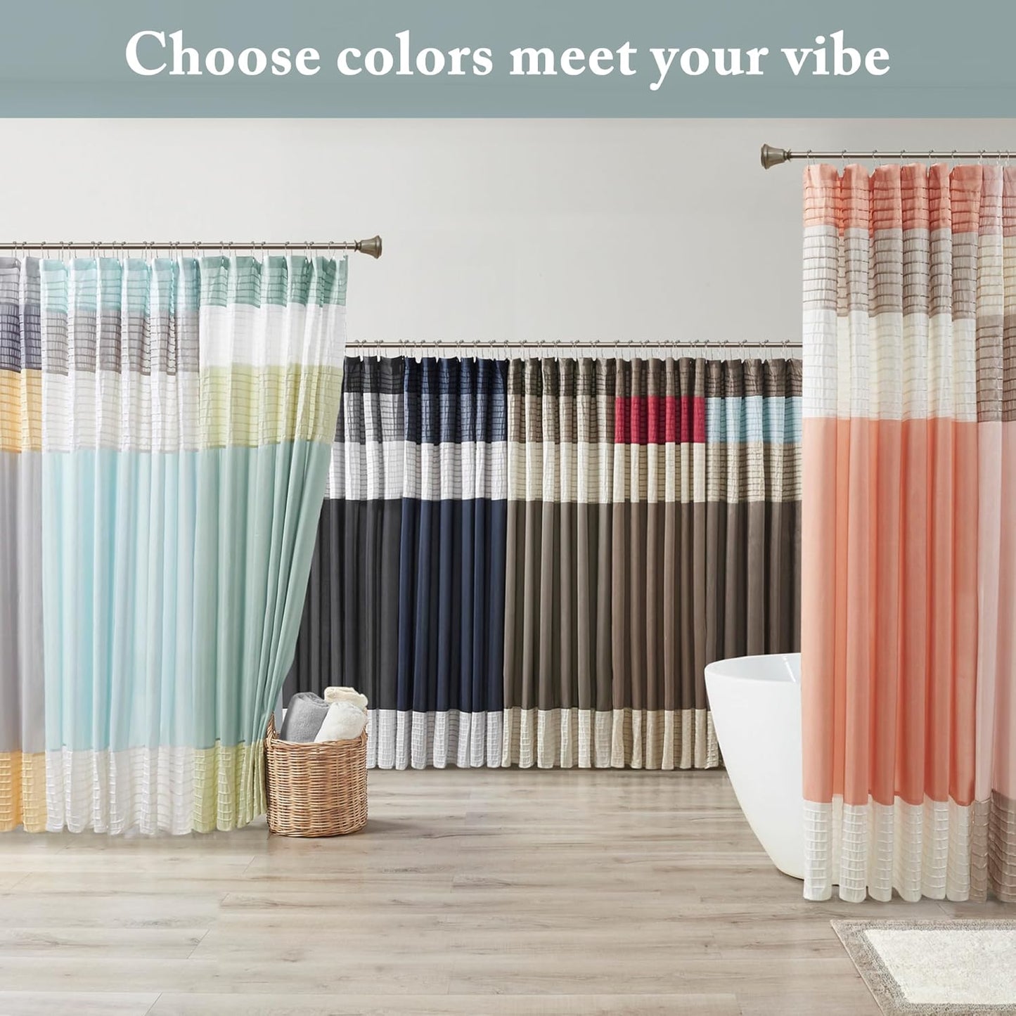 Amherst Bathroom Shower Curtain Faux Silk Pieced Striped Modern Microfiber Bath Curtains, 72X72 Inches, Aqua