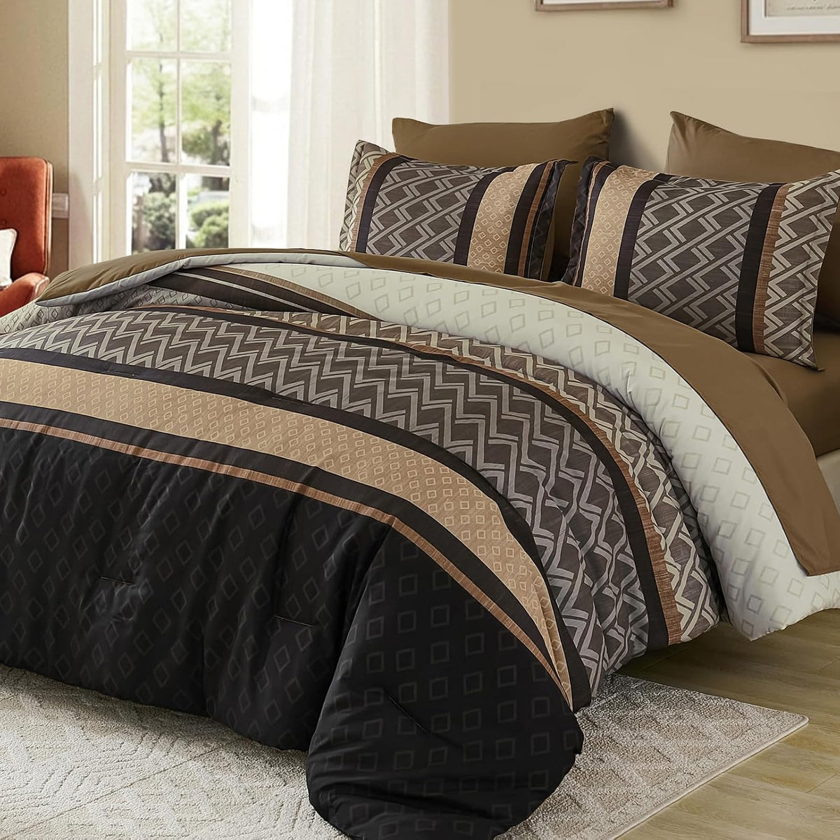 Brown Comforter Set King Size,Fall Striped Bed in a Bag