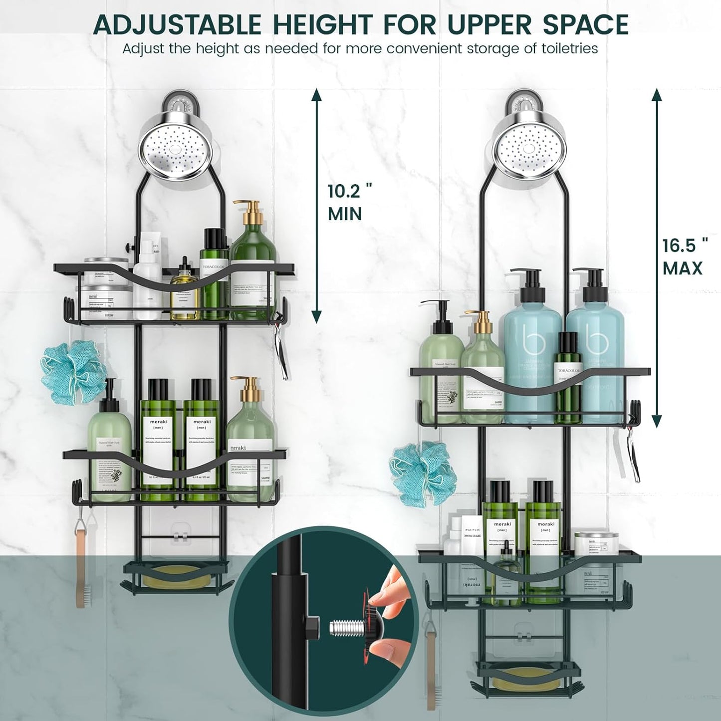 Shower Caddy Hanging Adjustable Shower Caddy, Rustproof Shower Organizer Extended Length Shower Caddy over Shower Head with Hooks Soap Holder, Large Capacity Anti-Swing Bathroom Organizer, Black