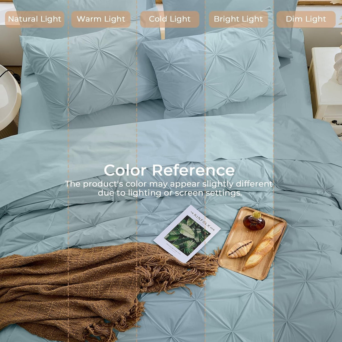 Queen Comforter Set, 7-Piece Bed in a Bag, Pintuck Bedding Sets for All Season, Includes Comforter, Flat Sheet, Fitted Sheet, Pillowcases and Pillowshams, Greylish Blue