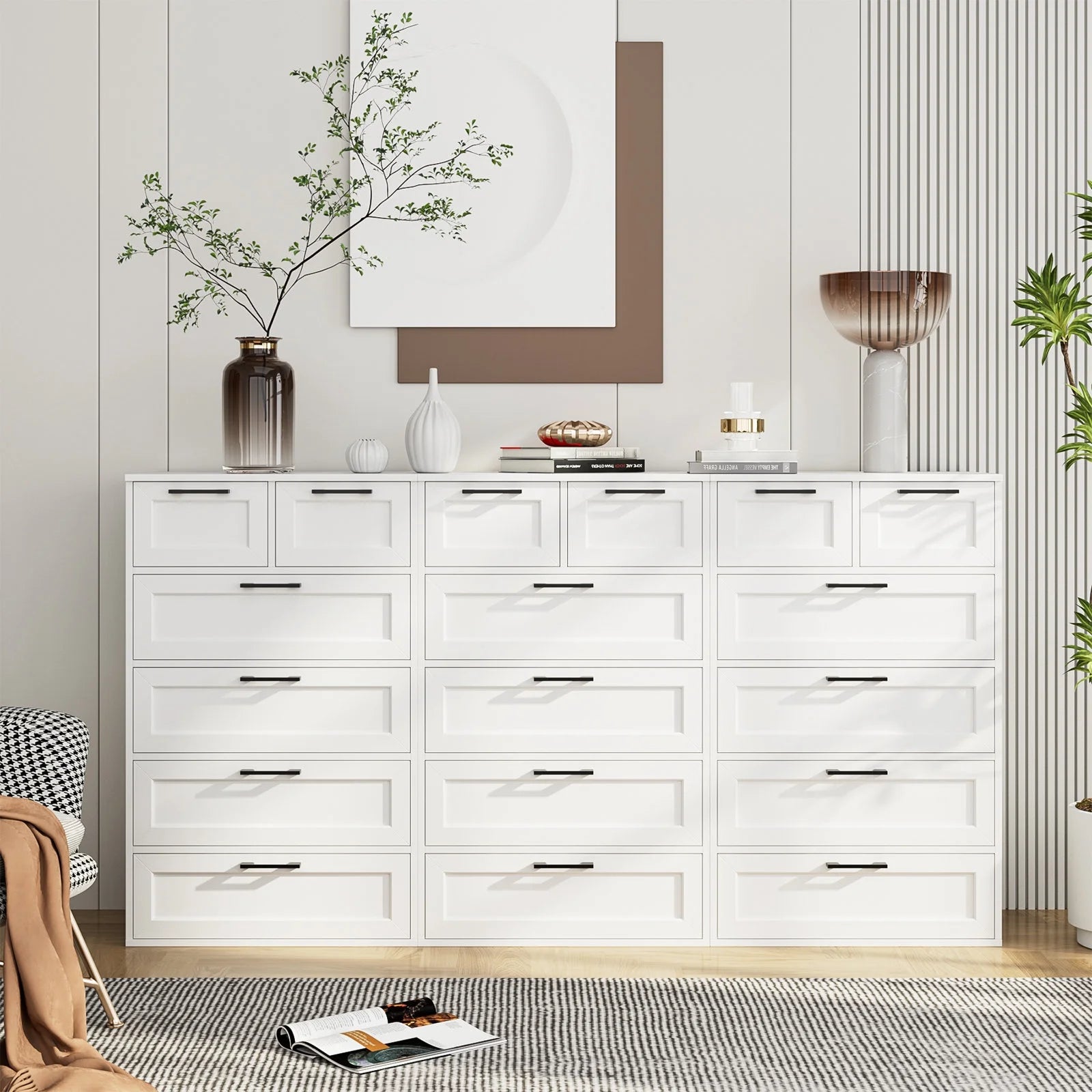 6 Drawer White Dresser, Tall Dresser for Bedroom Wood Storage Cabinet with Metal Handles
