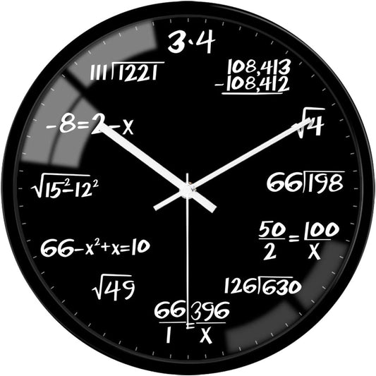 Glass Wall Clock 12 Inch Math Teaching Style Clock Black Battery Operated Quartz Silent Non Ticking Wall Clocks for Classroom Bedroom Study Room