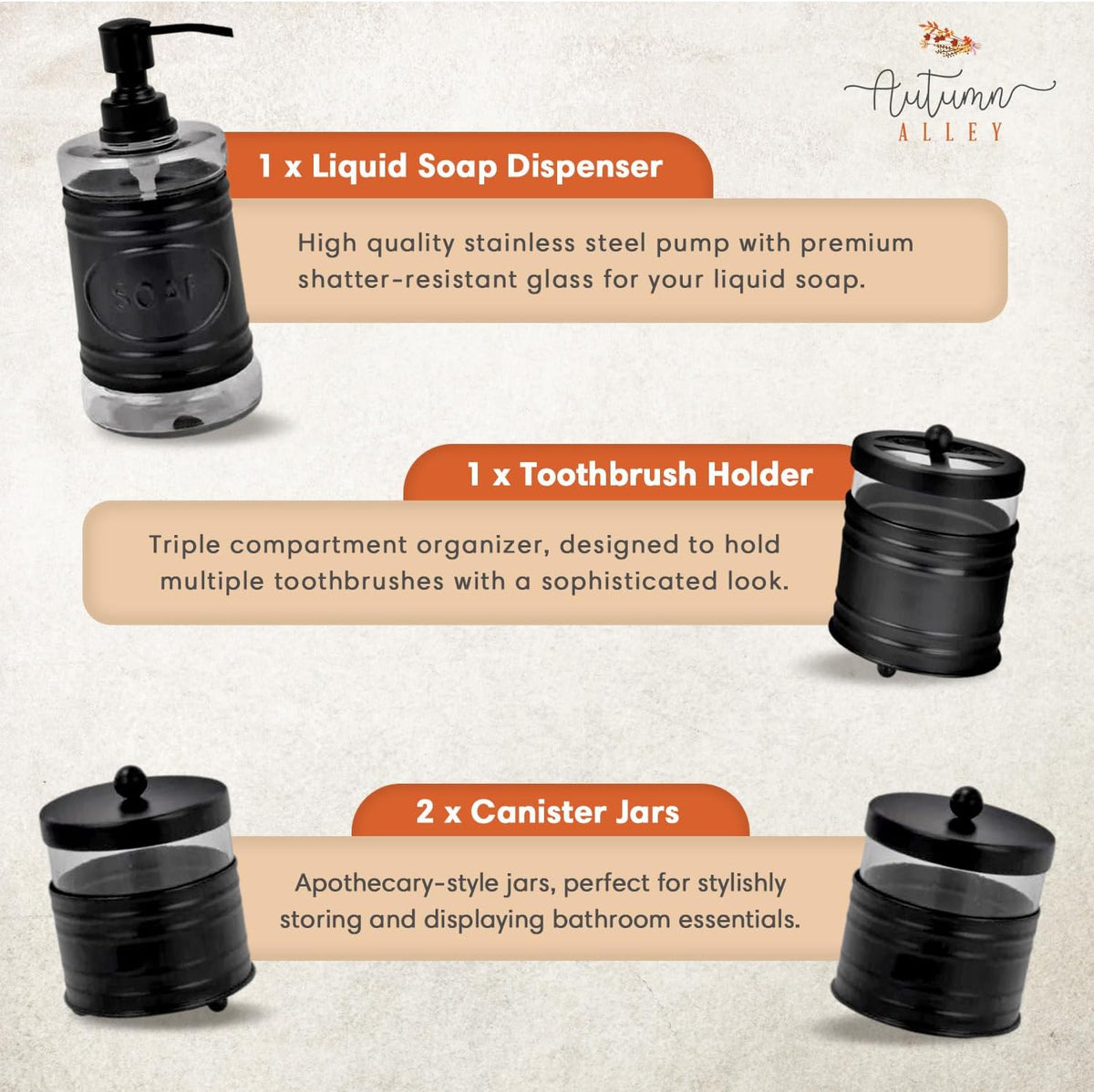 Farmhouse Matte Black Bathroom Accessories Set (4 PCS) - Lotion Soap Dispenser, Black Toothbrush Holder Set, 2 Glass Apothecary Jars (Qtip Holder) - Rustic Bathroom Accessories Set