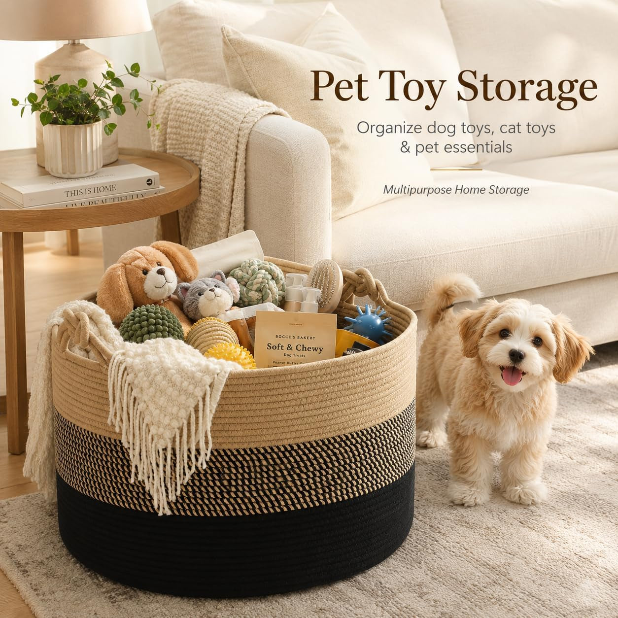 Large Blanket Basket (20"X13"),Woven Rope Baskets for Storage Baby Laundry Hamper, Cotton Rope Blanket Basket for Living Room, Laundry, Nursery, Pillows,Baby Toy Chest (Jute/Black)