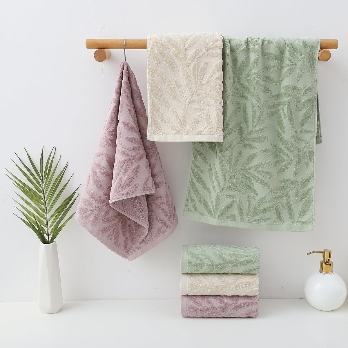 Leaf Absorbent Soft Hand Towels for Bathroom Set of 2,Green
