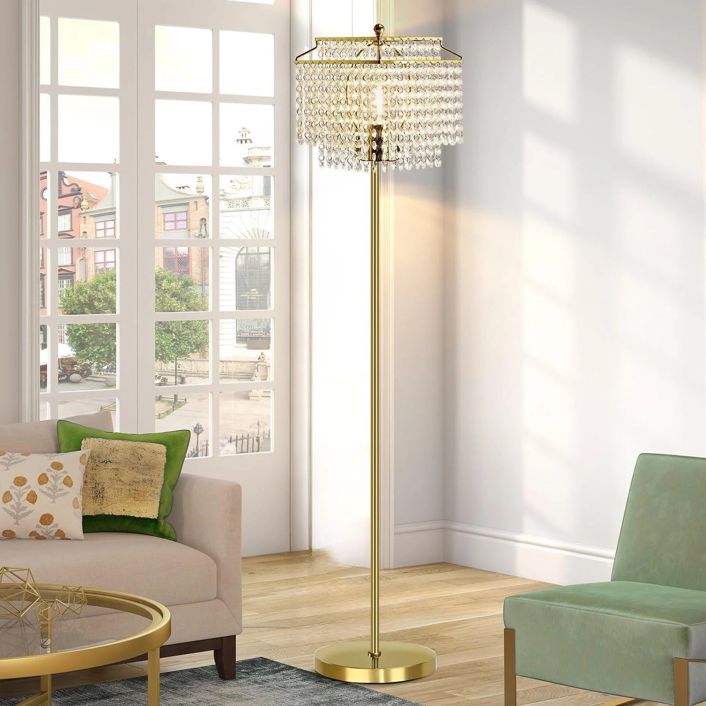 Gold Crystal Floor Lamp , Modern Standing Lamps with Double-Layer Lampshade, On-Off Foot Switch, for Living Room, Bedroom, Office, 8W Bulb Included