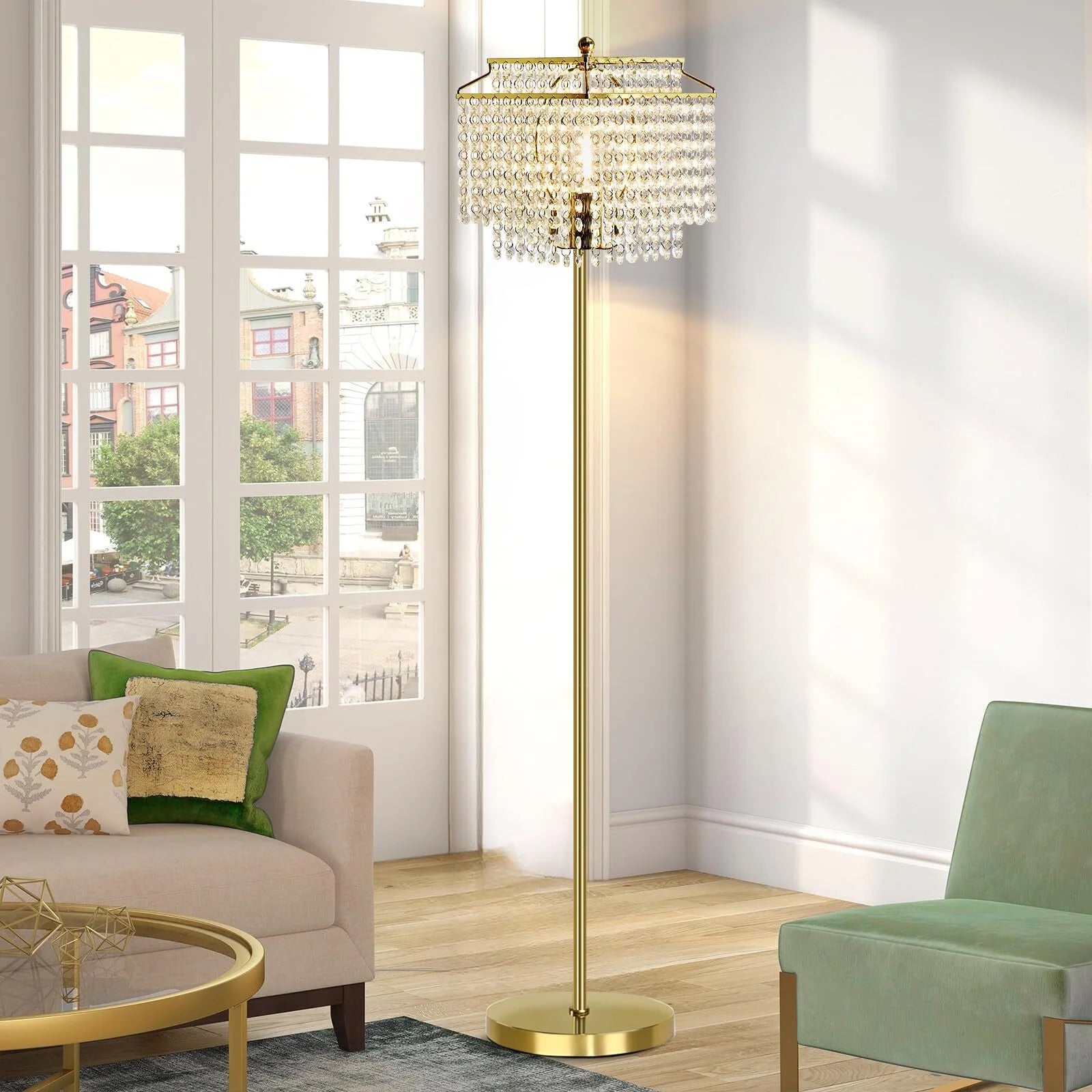 Gold Crystal Floor Lamp , Modern Standing Lamps with Double-Layer Lampshade, On-Off Foot Switch, for Living Room, Bedroom, Office, 8W Bulb Included