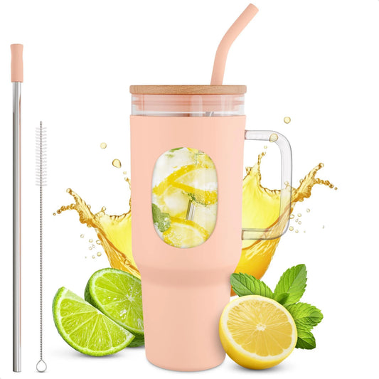 46 Oz Glass Tumbler with Straw and Lid Peach Glass Water Bottle with Natural Bamboo Lid 2 Slim and Boba Straws Silicone Sleeve Dishwasher Safe Car Holder Friendly Ergonomic Grip Easy Visibility