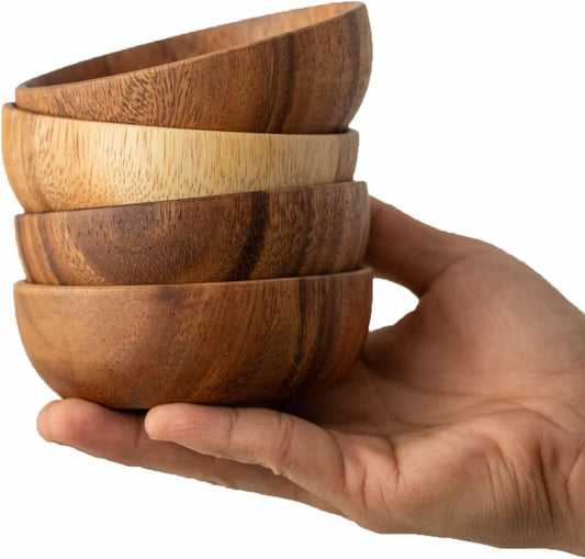 Wooden Dipping Bowls, 4 Pack Sauce Bowls, 2.5 Oz Sauce Dish, Acacia Wood Sauce Bowls for Ketchup, Barbecue Sauce, Dressings, Appetizers