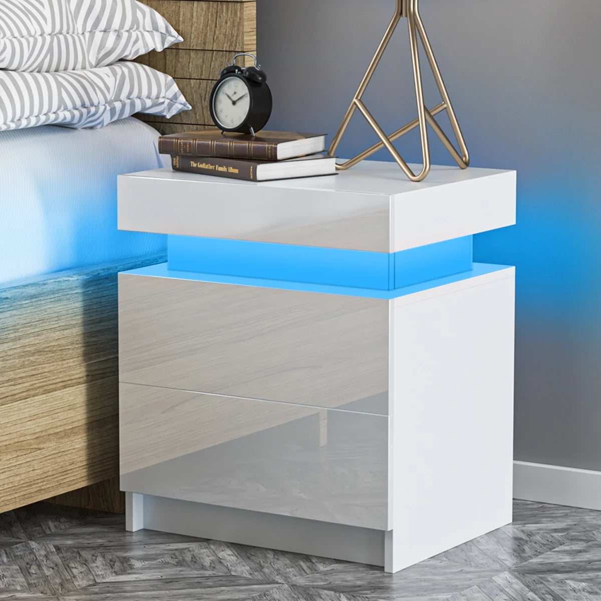 Modern LED Nightstand with 2 Drawers High Gloss Led Light Bedside Table Storage White Night Table with Lights End Side Table with Drawer for Bedroom 20.5" Tall