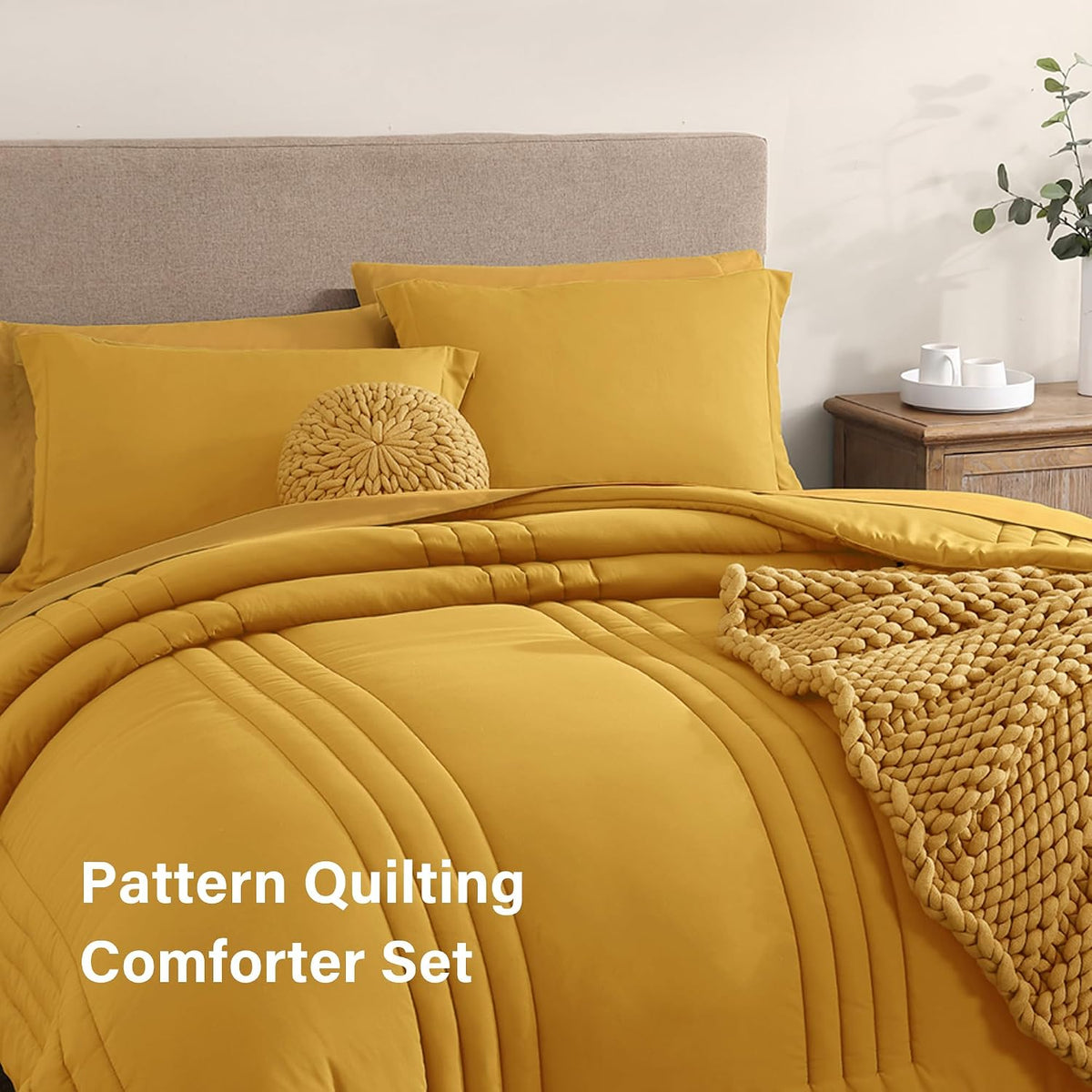 King Size Comforter Set-7 Pieces Yellow Soft Bed in a Bag King Bedding Sets