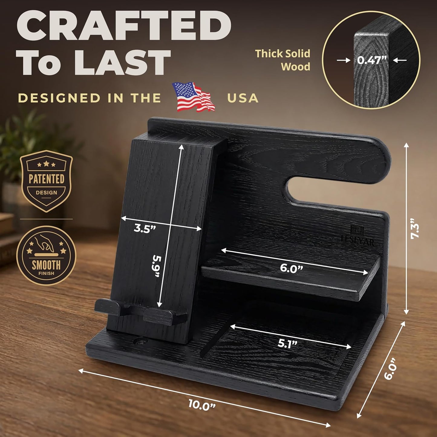 Wood Phone Docking Station for Men - Desktop or Nightstand Organizer - Birthday Gifts for Men, Dad - Anniversary Idea from Wife - Key Holder, Stand Wallet, Watch & Essentials (Granite Black)
