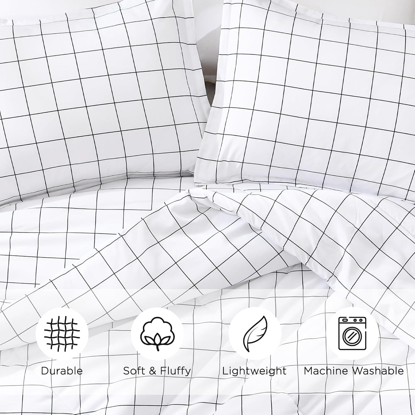White Grid Comforter Set Queen Size (90X90 Inch), 3 Pieces(1 Grid Comforter and 2 Pillowcases), Summer Lightweight Microfiber down Alternative White Comforter with Black Lines