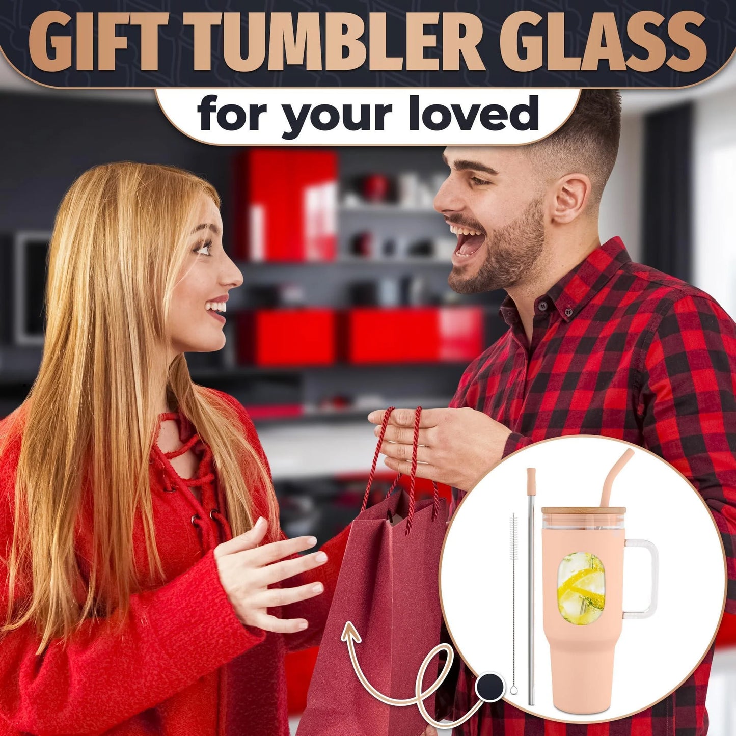 46 Oz Glass Tumbler with Straw and Lid Peach Glass Water Bottle with Natural Bamboo Lid 2 Slim and Boba Straws Silicone Sleeve Dishwasher Safe Car Holder Friendly Ergonomic Grip Easy Visibility