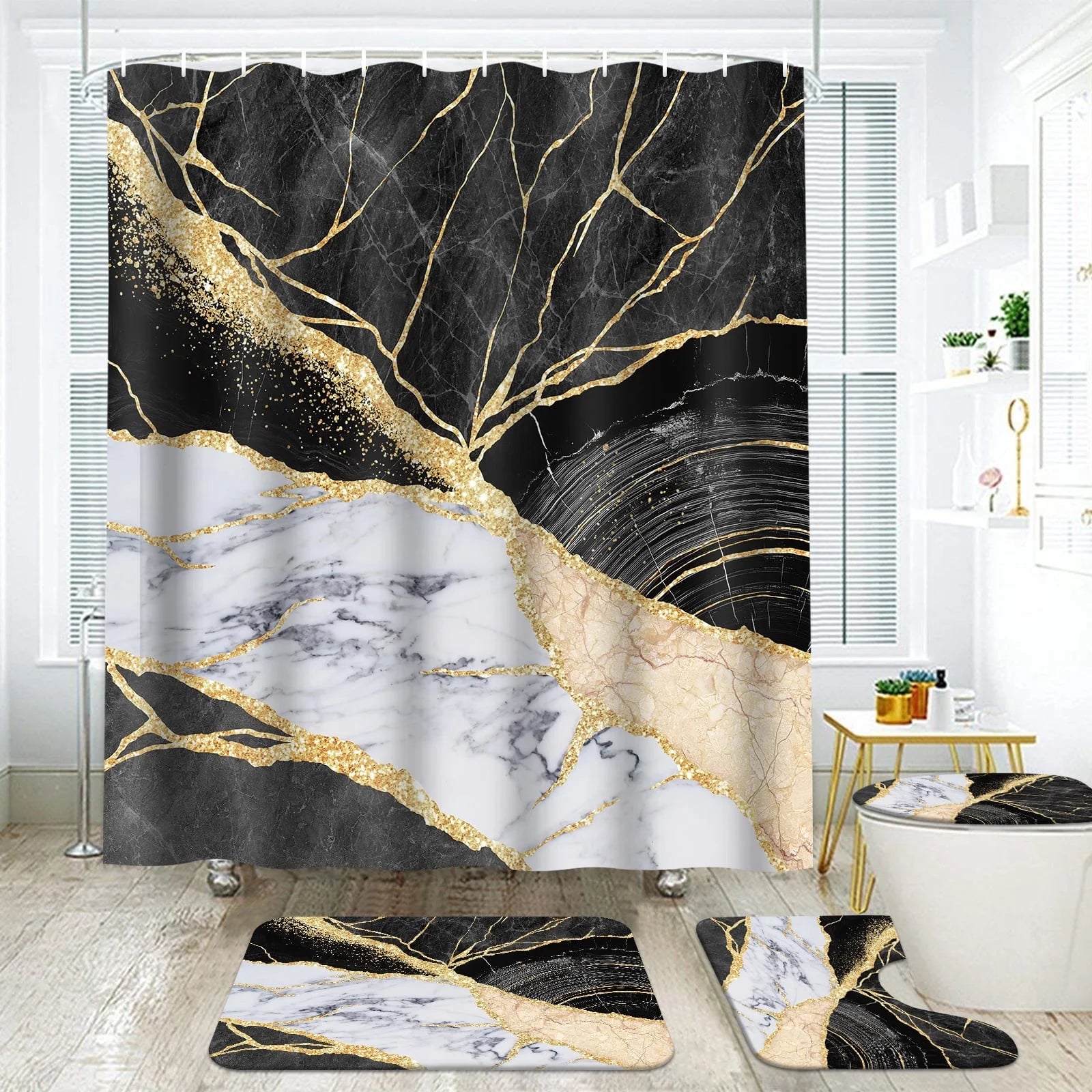 Black Gold Marble Shower Curtain Sets with Rugs, 16 Pc Modern Abstract Bathroom Sets, Waterproof Fabric Bathroom Curtain Decor with Hooks