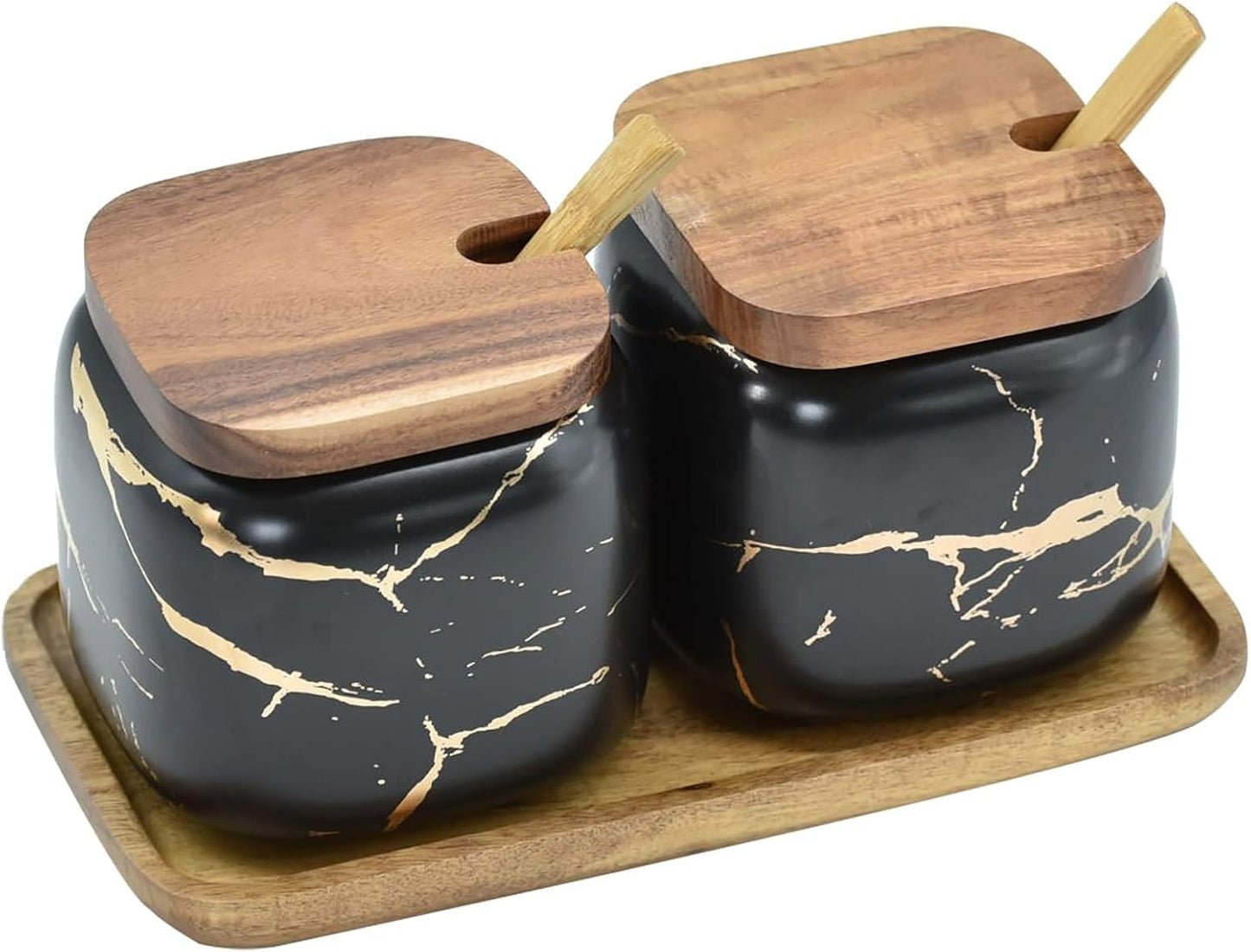 Sets of 2 Marble Ceramic Seasoning Jars Ceramic Sugar Salt Bowl Condiment Pots with Wooden Lids,Wooden Spoon and Wooden Tray (Black)