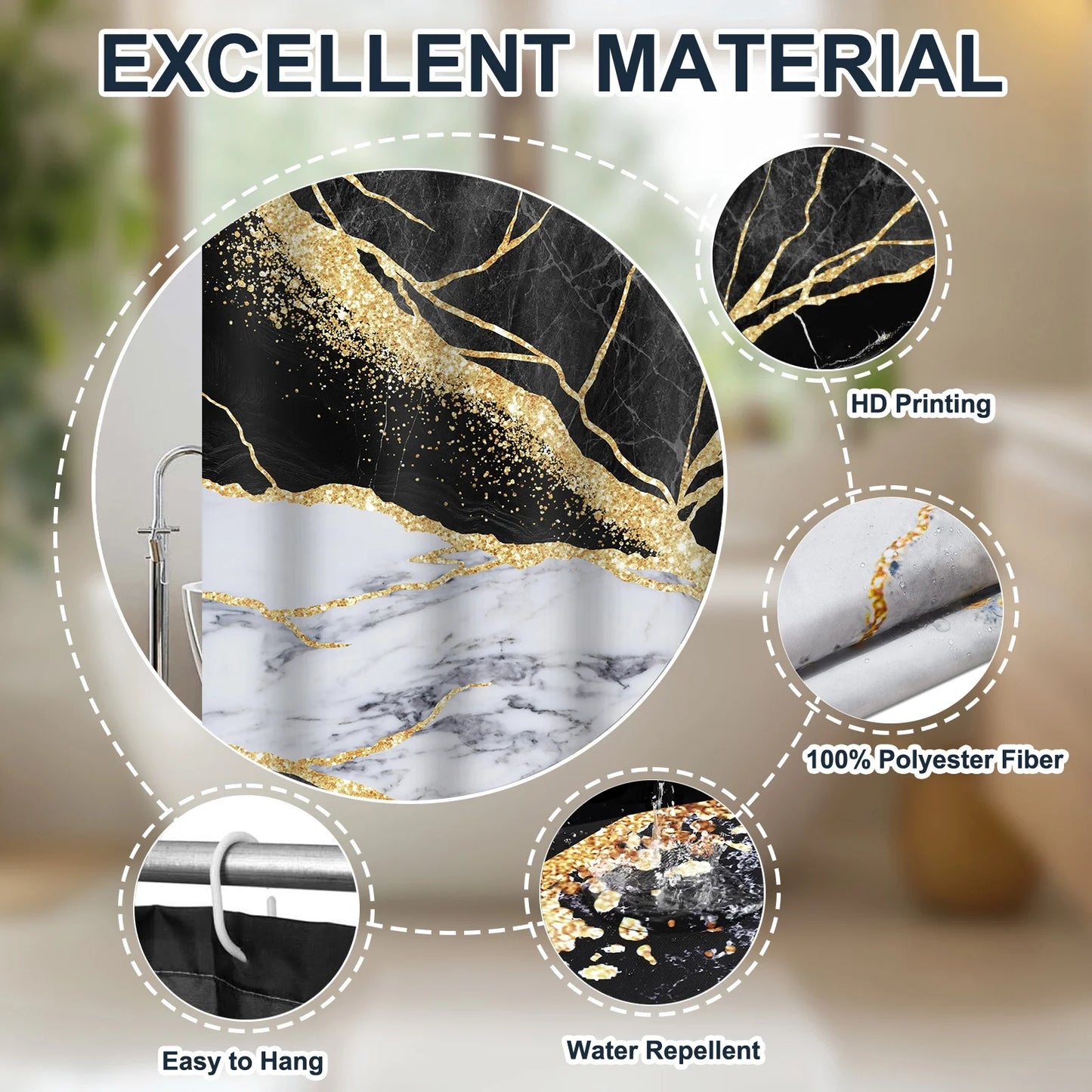 Black Gold Marble Shower Curtain Sets with Rugs, 16 Pc Modern Abstract Bathroom Sets, Waterproof Fabric Bathroom Curtain Decor with Hooks