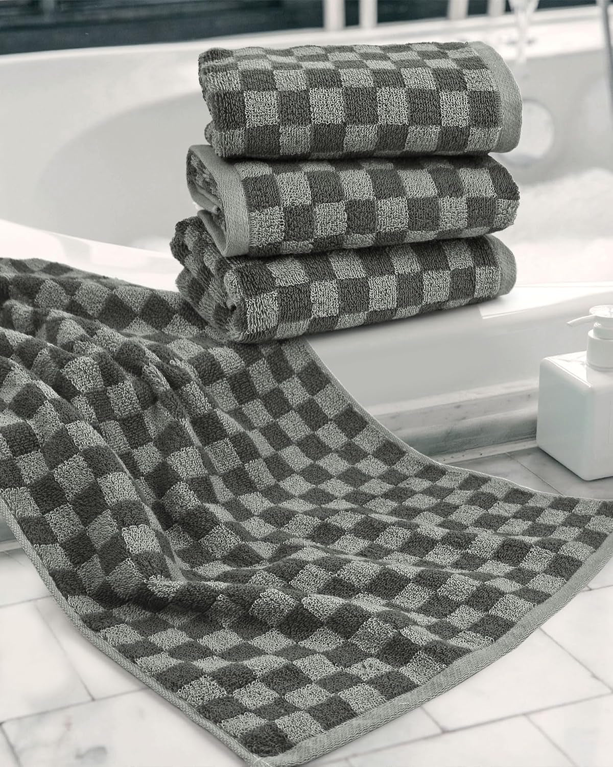 Grey Towels Set of 6, Cotton Towels for Bathroom Quick Drying and Soft, 2 Bath Towels and 4 Hand Towels, Checkered Towel Sets