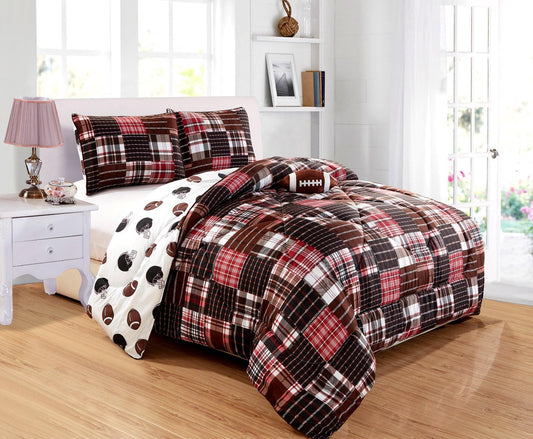 Grandlinen 3 - Piece Kids Twin Size Football Sports Theme Comforter Set with Plush Football Pillow Included-Black, Red, White and Brown Plaid. Boys, Girls, Guest Room and School Dormitory Bedding