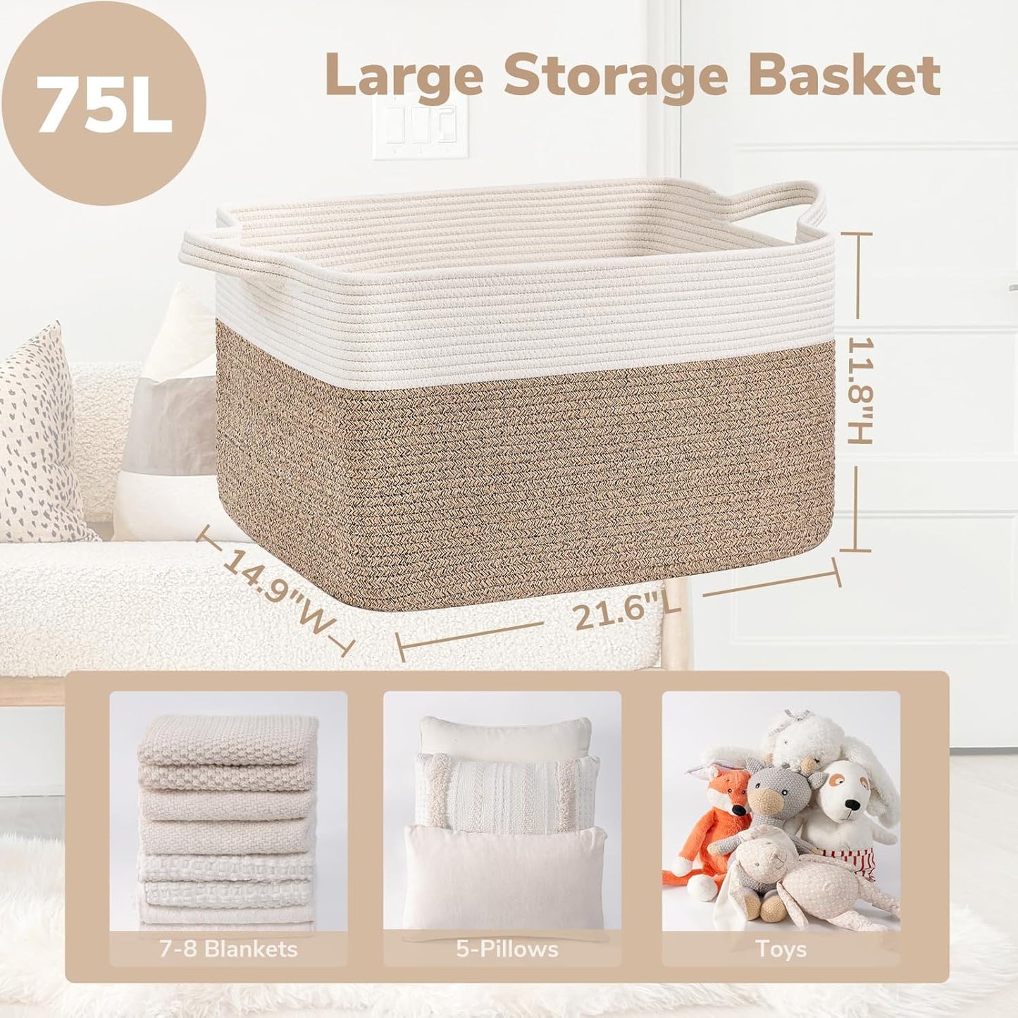 Large Woven Rope Blanket Basket, Rectangle, White & Light Brown | 21.6" × 14.9" × 11.8" Storage Basket for Pillows & Toys Laundry, Nursery & Living Room Organization, Reinforced Handles