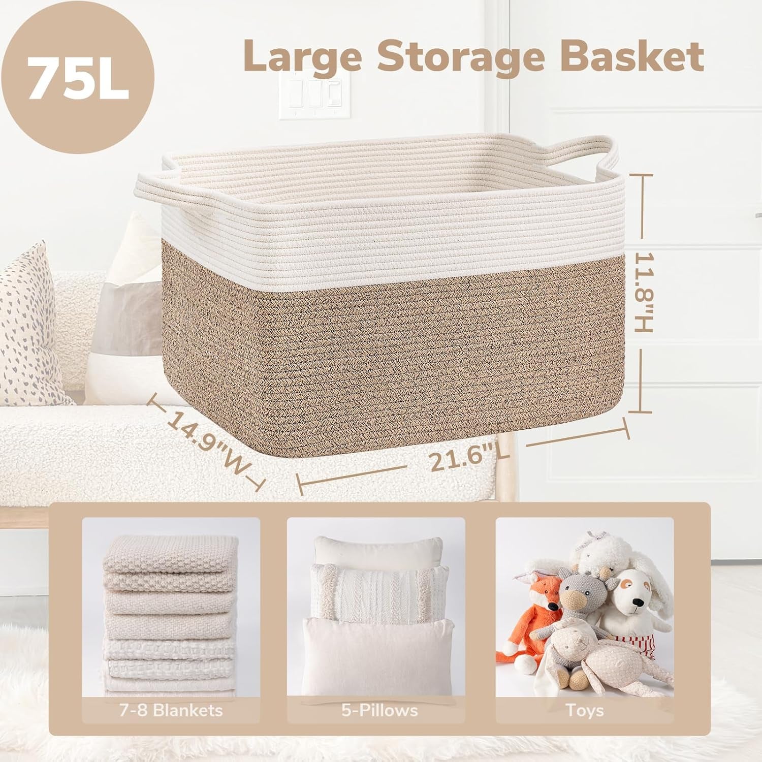 Large Woven Rope Blanket Basket, Rectangle, White & Light Brown | 21.6" × 14.9" × 11.8" Storage Basket for Pillows & Toys Laundry, Nursery & Living Room Organization, Reinforced Handles