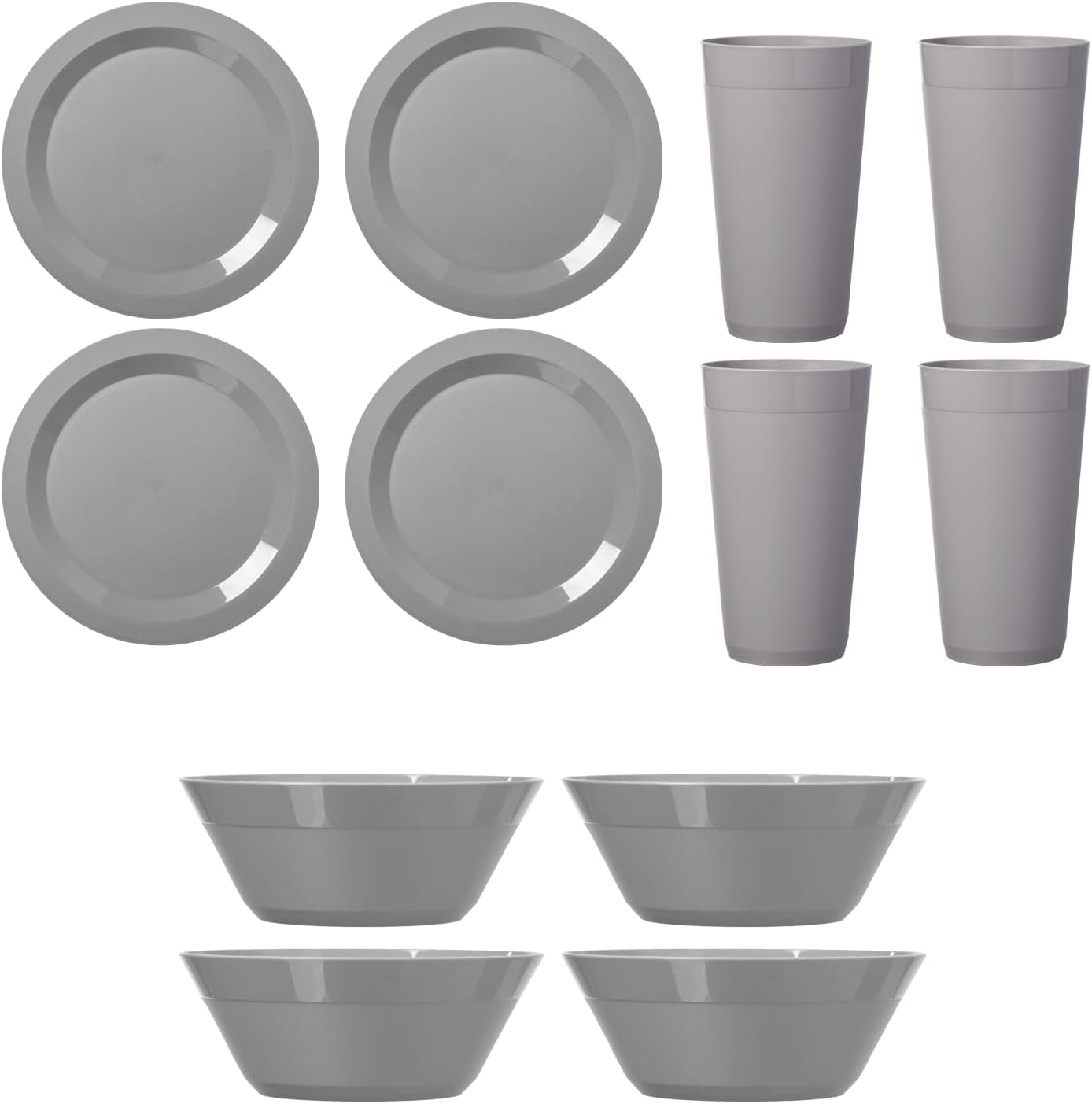 Newport Plastic Plate, Bowl and Tumbler Dinnerware Set for 4 in Grey Stone | 12-Piece Drinking and Dining Set | Reusable, Bpa-Free, Made in the USA, Top-Rack Dishwasher Safe