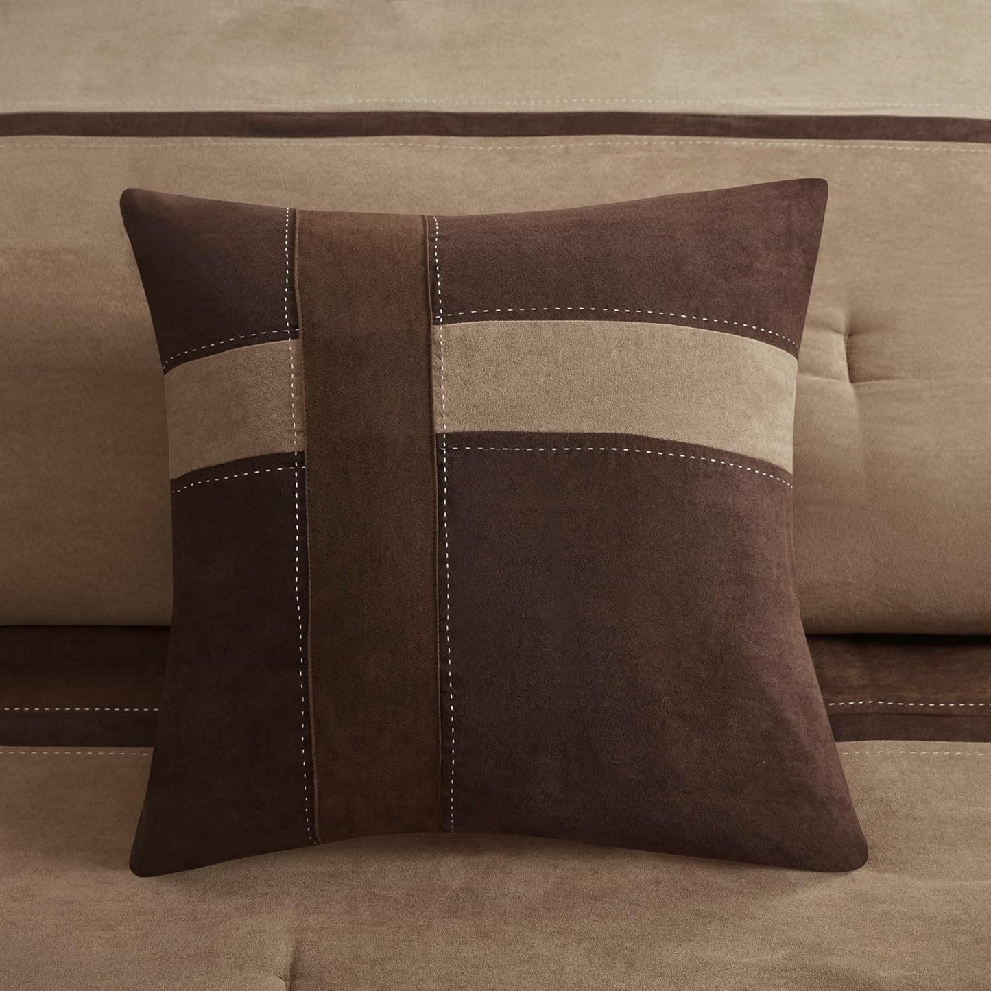 Palisades Comforter Set Modern Faux Suede Pieced Stripe Design, All Season down Alternative Cozy Bedding with Matching Shams, Decorative Pillows, King(104"X92"), Brown 7 Piece