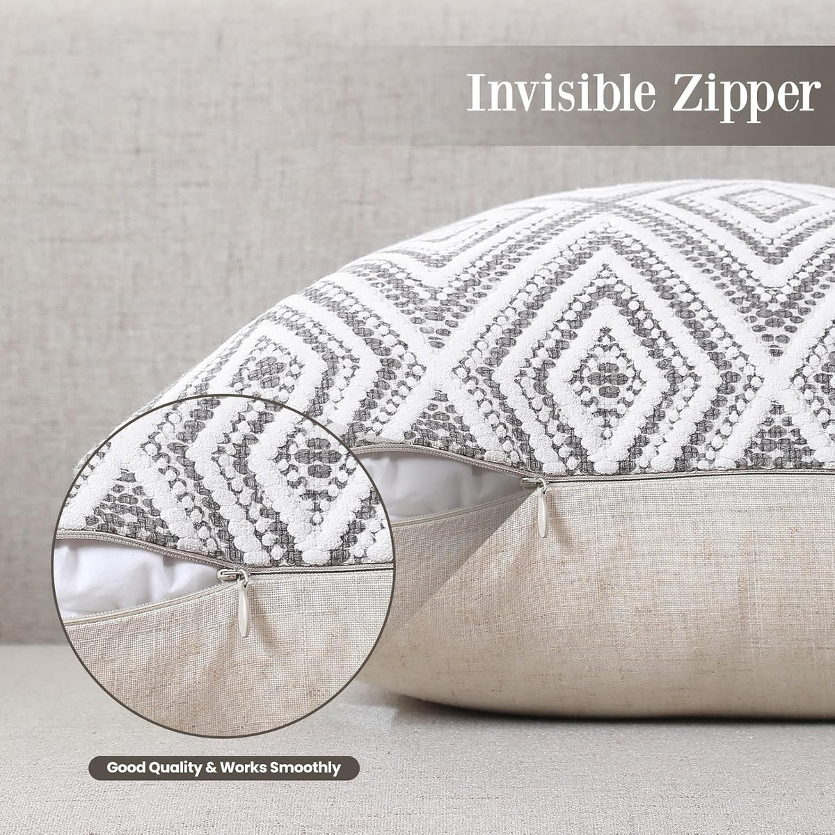 Throw Pillow Covers 18X18, Set of 4, Grey Textured Couch Pillow Covers | Polyester Fabric, Patterned and Solid Designs, Hidden Zippers, Machine Washable, for Sofas and Beds, Inserts Not Included