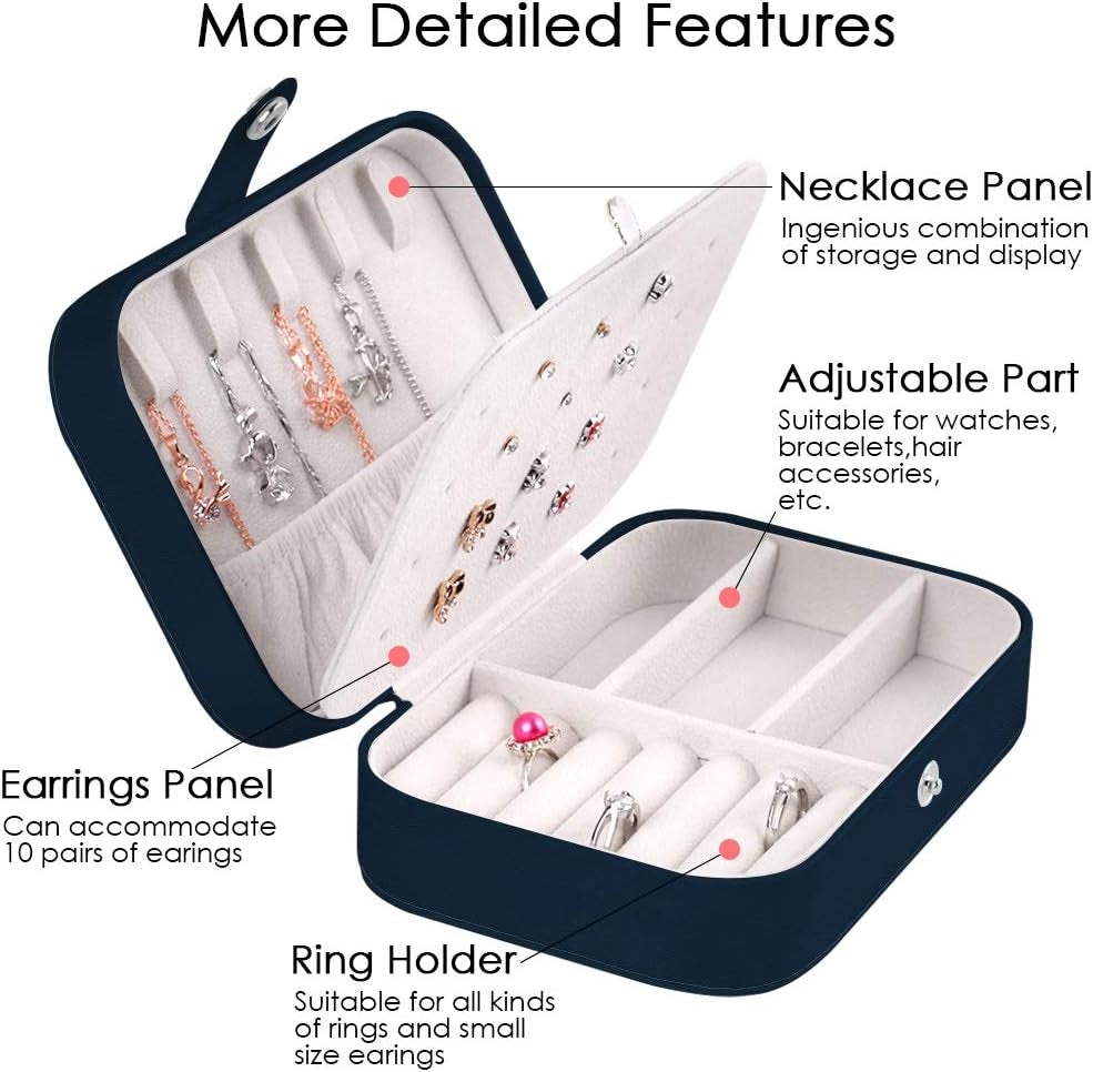 Travel Jewelry Organizer,Pu Leather Travel Jewelry Case,Double Layer Small Jewelry Box for Women Girls,Jewelry Organizer Box for Necklace,Ring,Earring (Navy Blue)