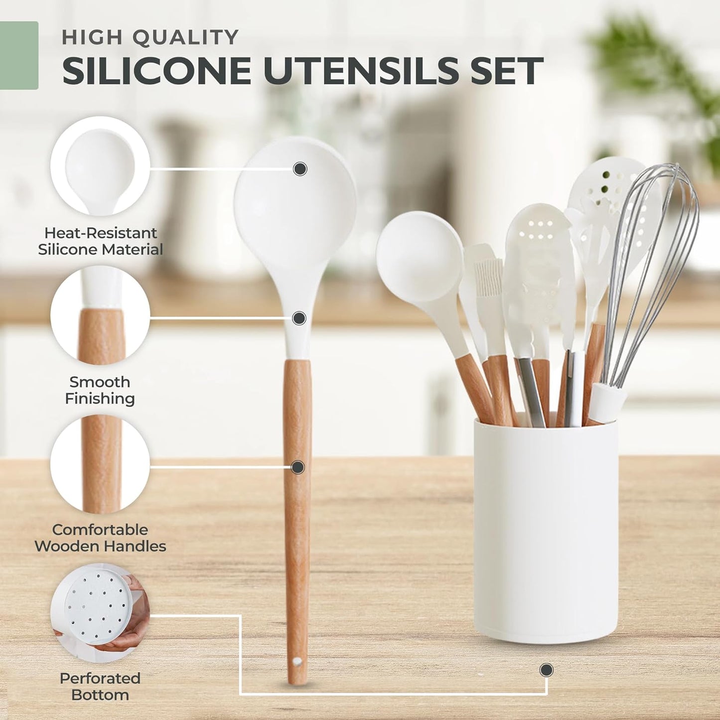 Silicone Cooking Utensils Set White – 11 Pcs Silicone Spatula Sets for Cooking | Heat-Resistant, Bpa-Free Kitchen Utensils Set for Cooking & Baking | Non Toxic Cooking Utensils Set with Utensil Holder