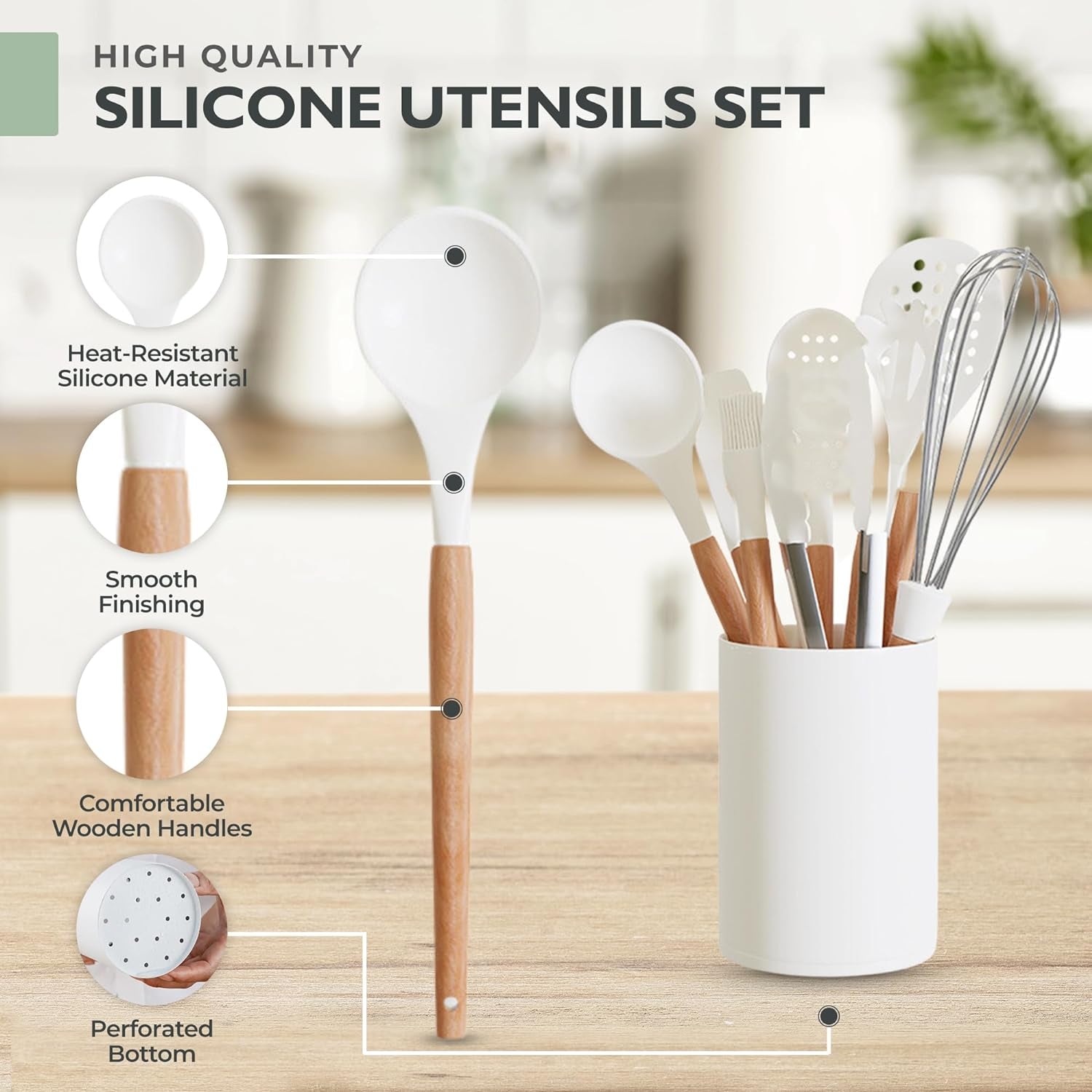 Silicone Cooking Utensils Set White – 11 Pcs Silicone Spatula Sets for Cooking | Heat-Resistant, Bpa-Free Kitchen Utensils Set for Cooking & Baking | Non Toxic Cooking Utensils Set with Utensil Holder