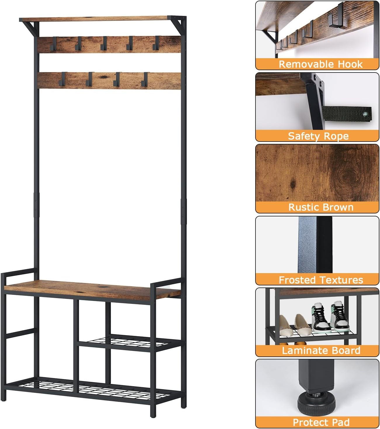 Coat Rack Shoe Bench, Hall Tree Entryway Storage Bench, Wood Look Accent Furniture with Metal Frame, 3-In-1 Design (Rustic Brown)
