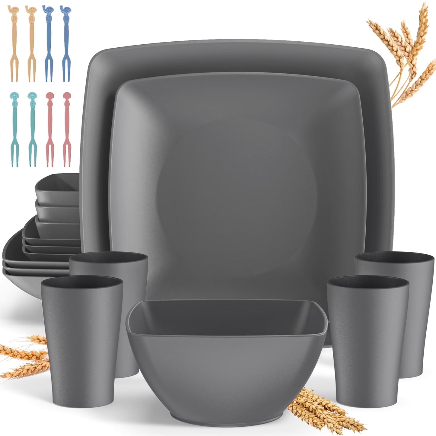 24 Pcs Wheat Straw Square Dinnerware Sets for 4, Unbreakable Dish Sets, Reusable Plates and Bowls Sets, Dinner Plates, Travel Camping Cutlery Set, Dishwasher Microwave Safe, Gray