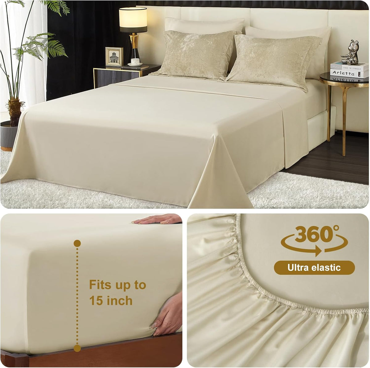 Queen Comforter Set 7 Pieces Bed in a Bag, Beige Velvet Comforter