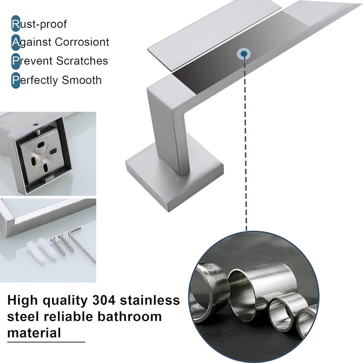 Brushed 4-Piece Bathroom Hardware Set Premium Stainless Steel Bath Towel Bar Sets Wall Mounted Square Bathroom Accessories Kit, 23.6 Inch Brushed Nickel
