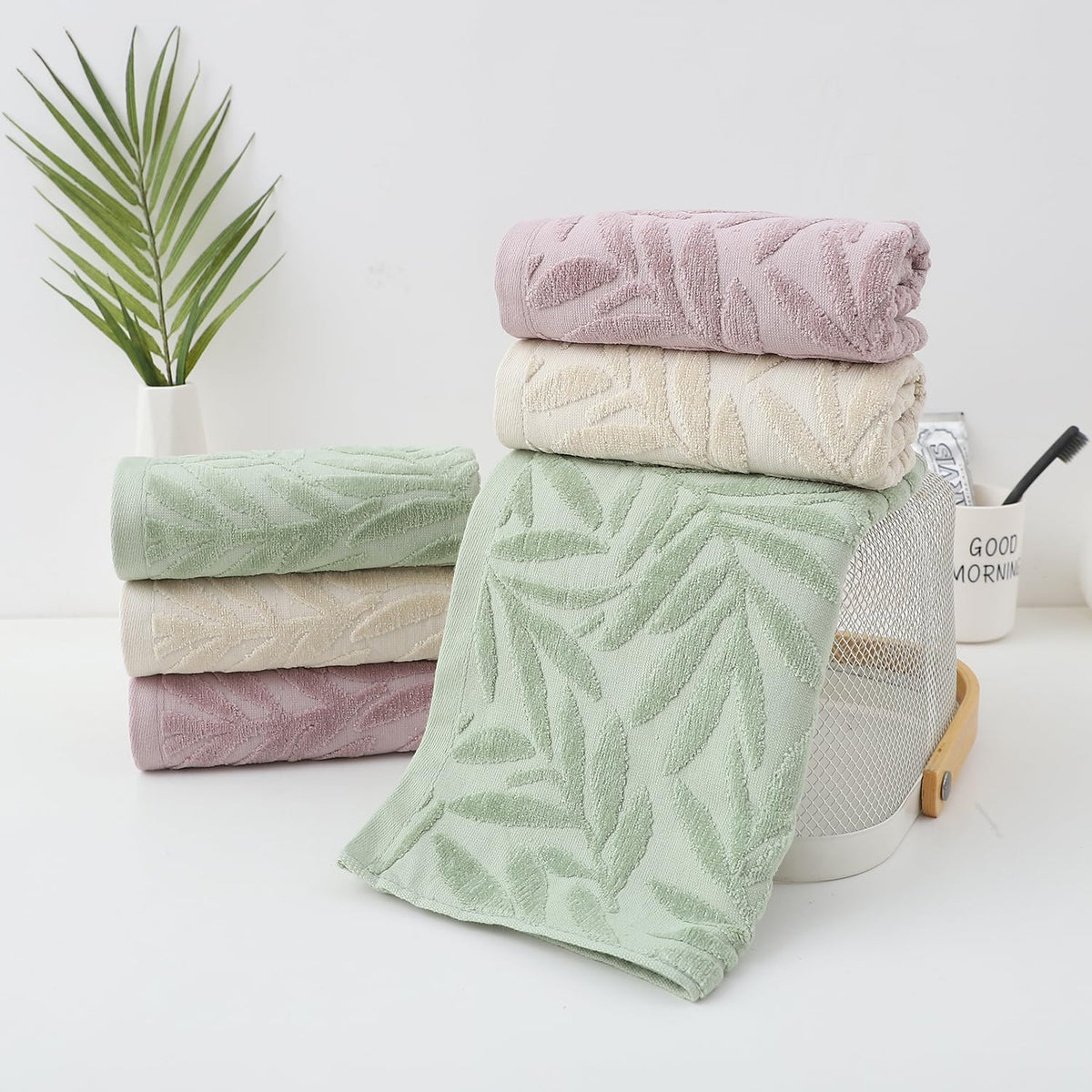 Leaf Absorbent Soft Hand Towels for Bathroom Set of 2,Green