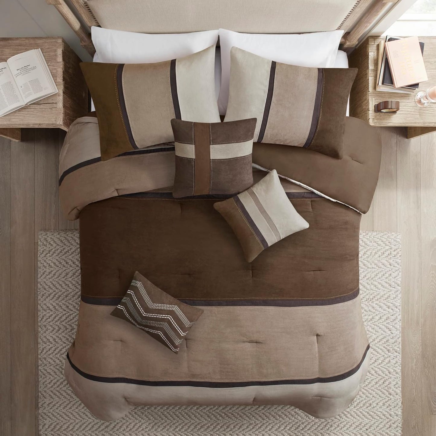 Palisades Comforter Set Modern Faux Suede Pieced Stripe Design, All Season down Alternative Cozy Bedding with Matching Shams, Decorative Pillows, King(104"X92"), Brown 7 Piece