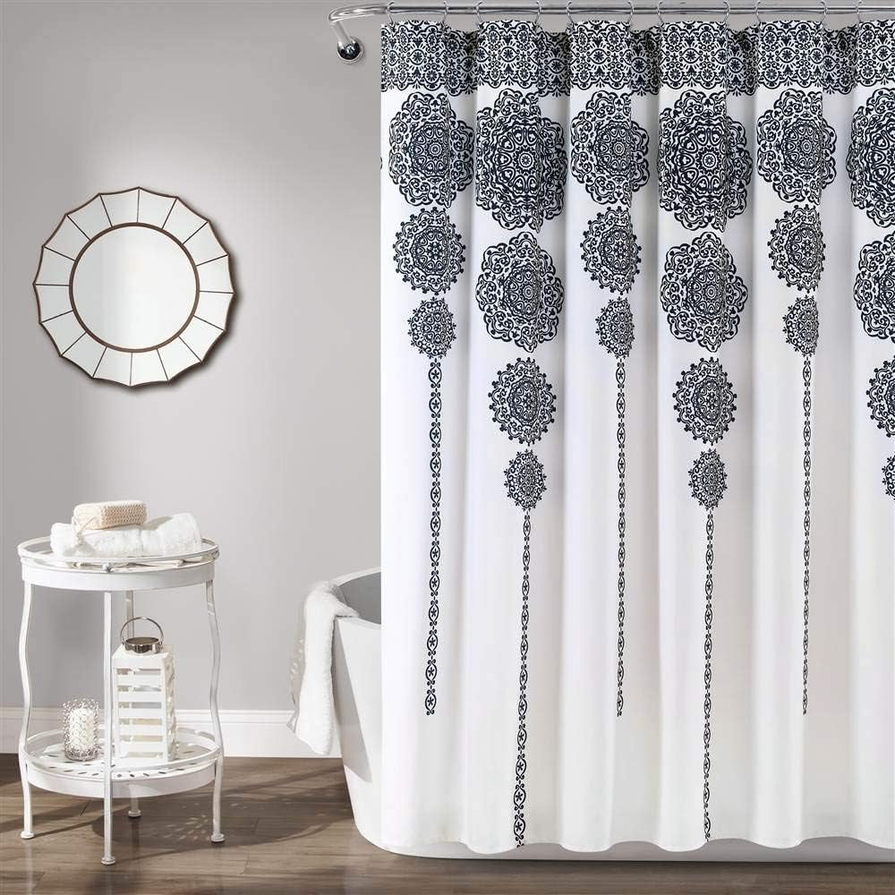 Stripe Medallion Shower Curtain-Fabric Mandala Bohemian Damask Print Design, 72" X 72", Navy