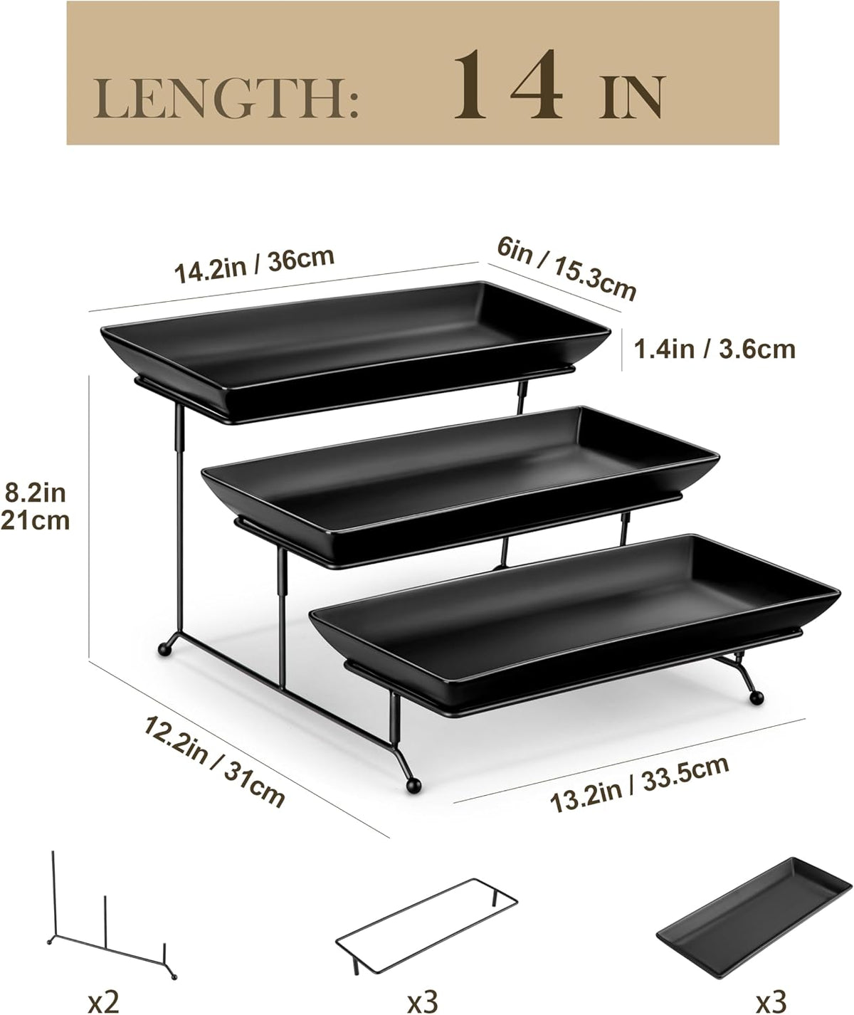 3 Tier Serving Trays for Party, Stoneware Serving Platters and Trays, 14 Inch Tiered Tray Stand, Fruit Tray, Trays for Serving Food, Black Dessert Stand with Collapsible Sturdier Metal Rack
