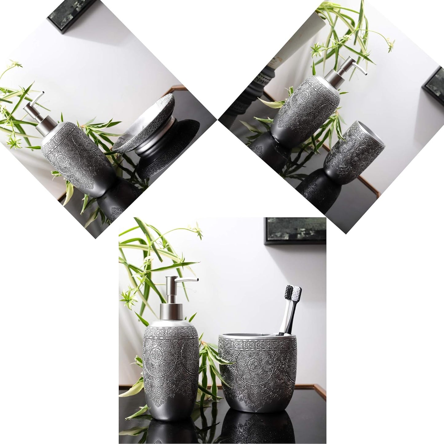 Bathroom Accessories Set,Toothbrush Holder,Farmhouse Bathroom Decor,4 Pcs Resin Gift Set Apartment Necessities, Contain Toothbrush Cup,Soap Dispenser,Soap Dish,Tumbler