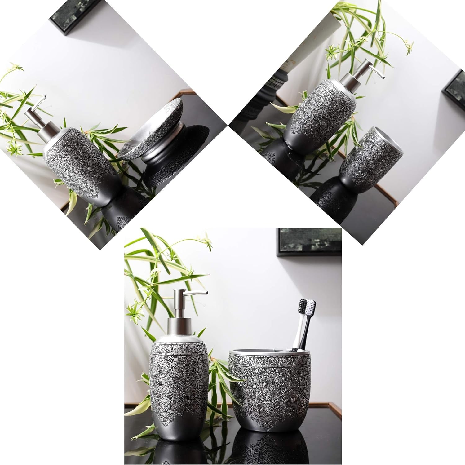 Bathroom Accessories Set,Toothbrush Holder,Farmhouse Bathroom Decor,4 Pcs Resin Gift Set Apartment Necessities, Contain Toothbrush Cup,Soap Dispenser,Soap Dish,Tumbler