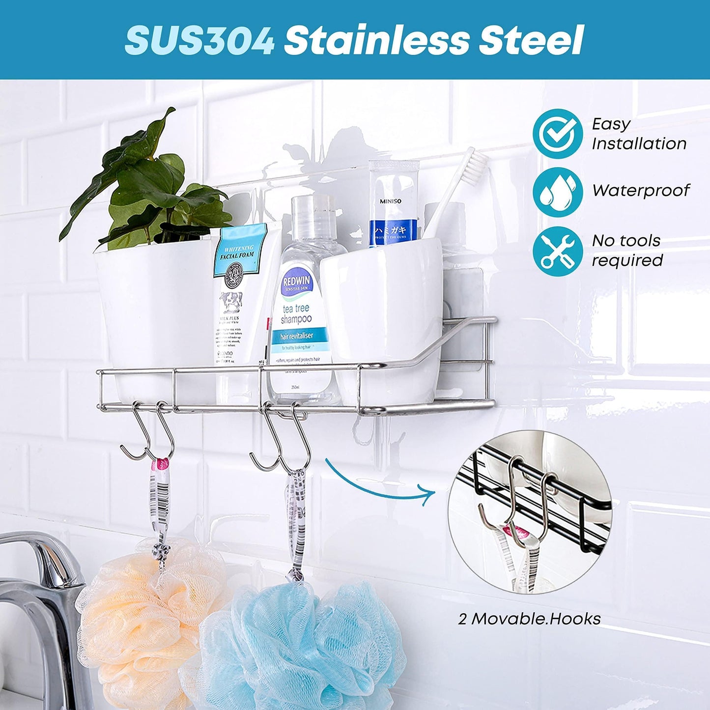 2 Pack Silver Adhesive Shower Caddy Shower Shelf Organizer for Bathroom Organization with Hooks SUS304 Stainless Steel