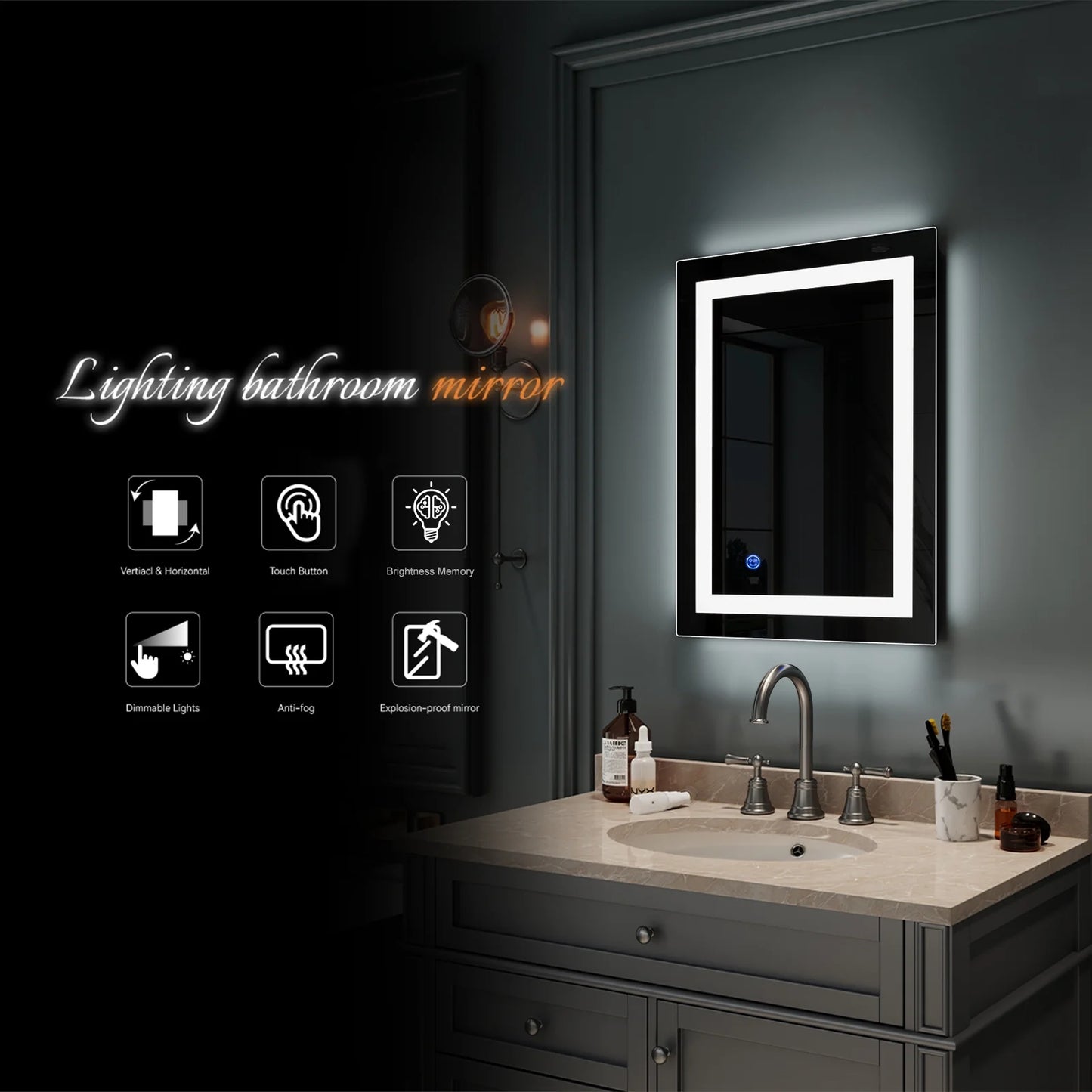 28X20 Inch LED Lighted Bathroom Mirror Silvered Wall Mounted Mirror with Touch Button,Anti Fog and IP67 Waterproof Square Mirror